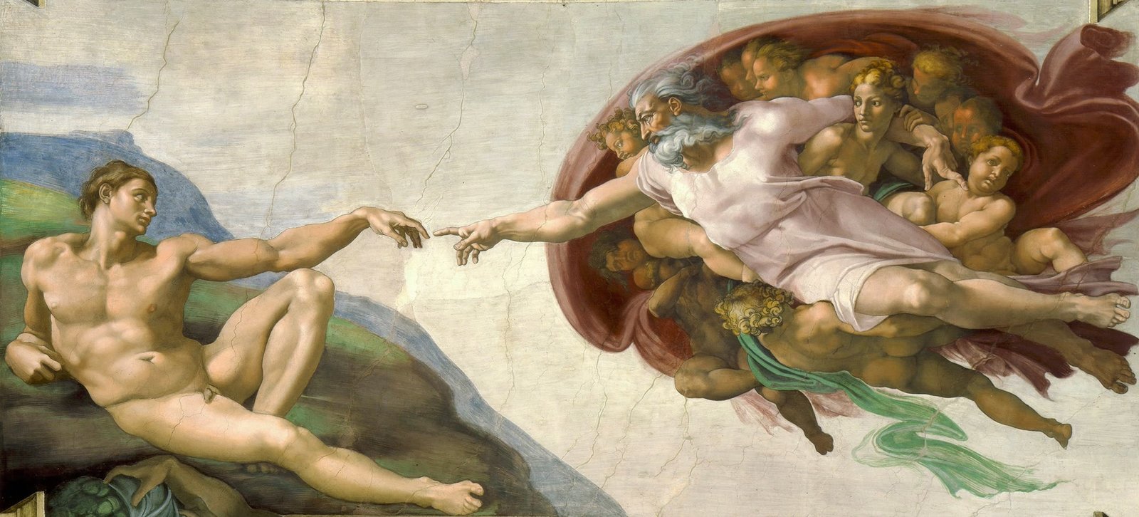 Michelangelo's The Creation of Adam &mdash; God reaching out to give life to Adam, their fingers nearly touching